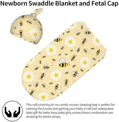 Lcokin Cute Bee Swaddle Blanket Set with Beanie Hat