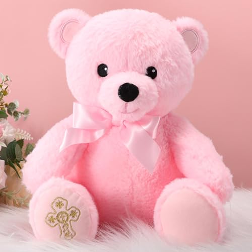 Syhood 12 Inch Plush Bear Baptism Gift with Bow and Embroidered Cross