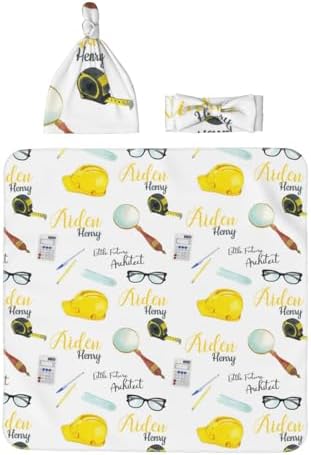 Personalized Swaddle Blanket with Hat Headband Set for Newborns