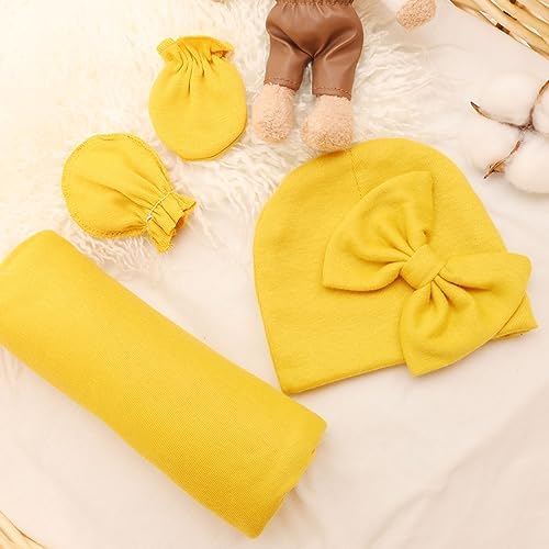 AQOKKA Newborn Swaddle Blanket with Bow Hat Mittens Wooden Card Set 1