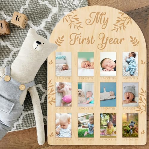 ORIGACH 12 Month Baby Growth Photo Frame - Wooden Board with Leaves Pattern
