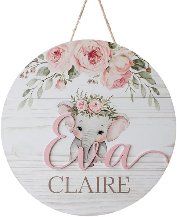Personalized Wooden Name Sign with Floral Elephant Design