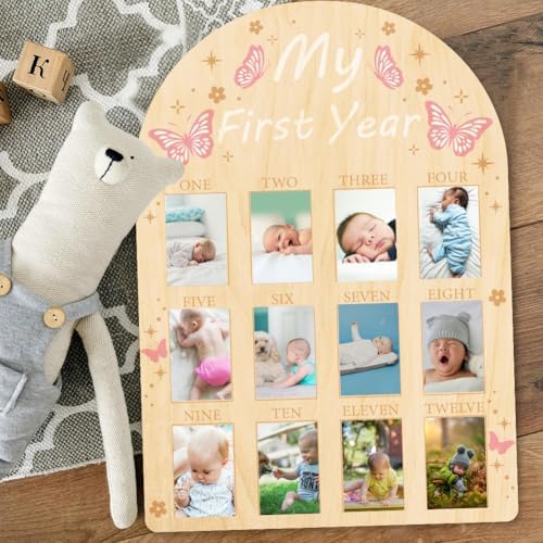 ORIGACH 12-Month Baby Growth Photo Display Board - Pink Butterfly Design