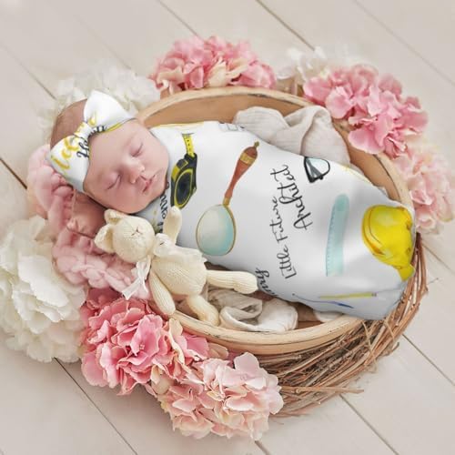 Personalized Swaddle Blanket with Hat Headband Set for Newborns