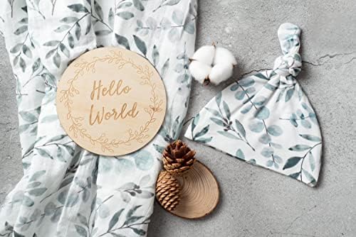 Miaoberry Organic Muslin Swaddle Blanket with Free Hat and Wooden Sign