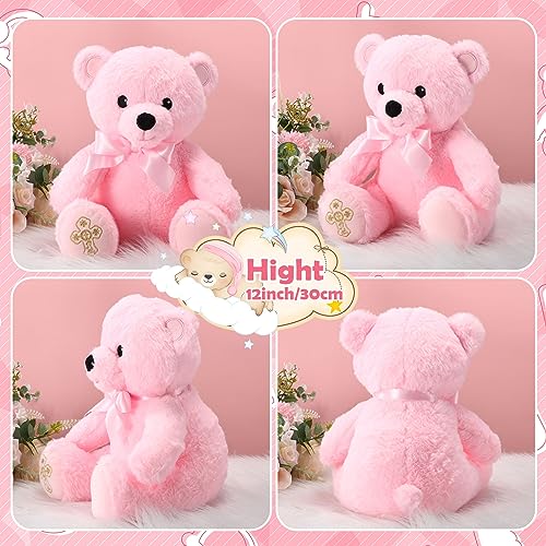 Syhood 12 Inch Plush Bear Baptism Gift with Bow and Embroidered Cross