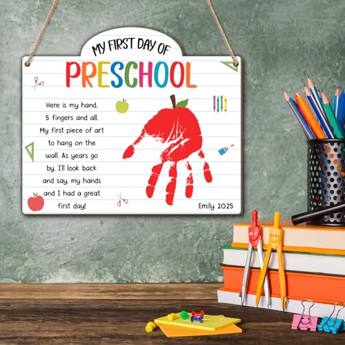 Custom First Day of Preschool Handprint Art Sign Board