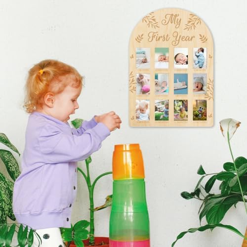 ORIGACH 12 Month Baby Growth Photo Frame - Wooden Board with Leaves Pattern