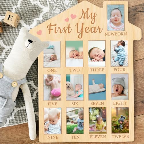 ORIGACH First Year Baby Growth Photo Board - 12 Months Wood Frame with Pink Heart
