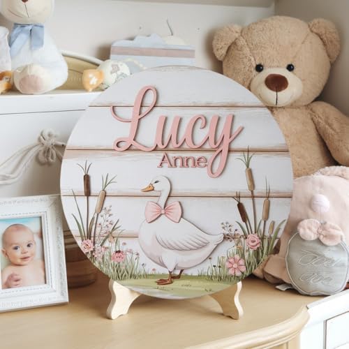 Personalized Wood Name Sign with Pink Goose Design