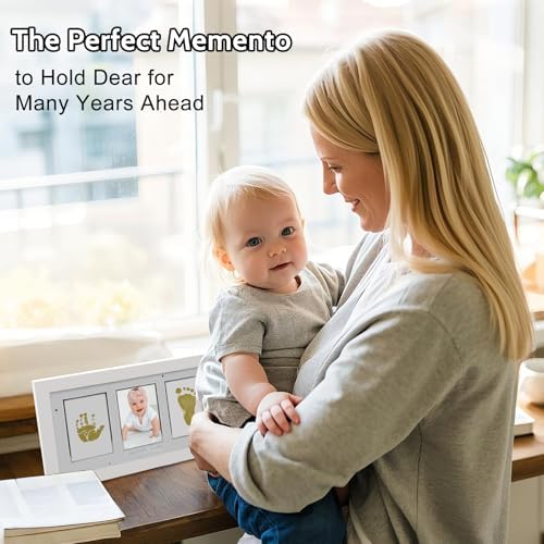 HAMUIERS Baby Hand Footprint Frame with Inkless Pads White Gold
