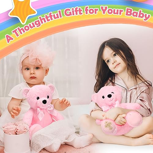 Syhood 12 Inch Plush Bear Baptism Gift with Bow and Embroidered Cross