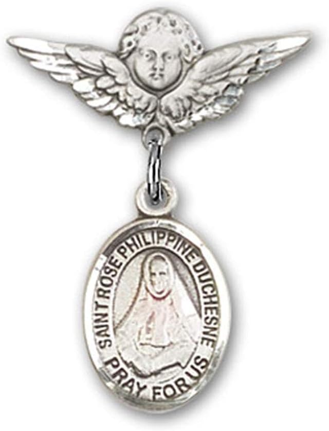 Sterling Silver Baby Badge with St Rose Philippine and Angel Charm