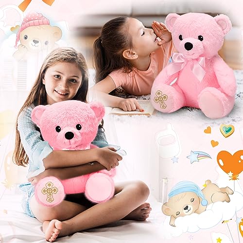 Syhood 12 Inch Plush Bear Baptism Gift with Bow and Embroidered Cross