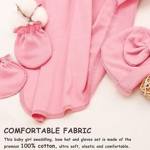 AQOKKA Newborn Swaddle Blanket with Bow Hat Mittens Wooden Card Set 1