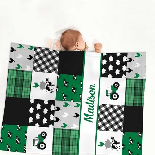 Personalized Baby Blanket with Name - Farm Theme Green Fleece Blanket for Newborns