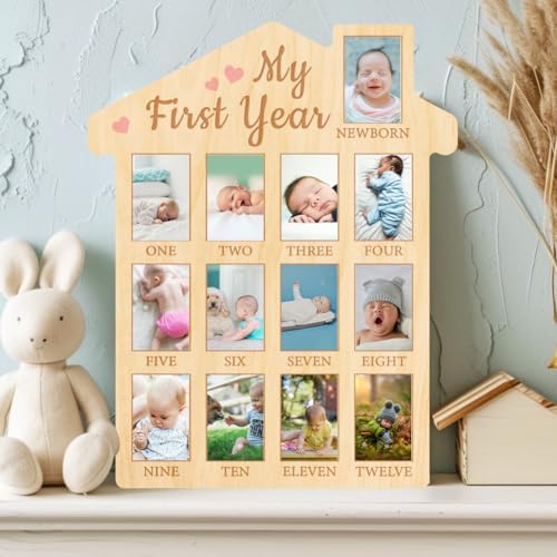 ORIGACH First Year Baby Growth Photo Board - 12 Months Wood Frame with Pink Heart