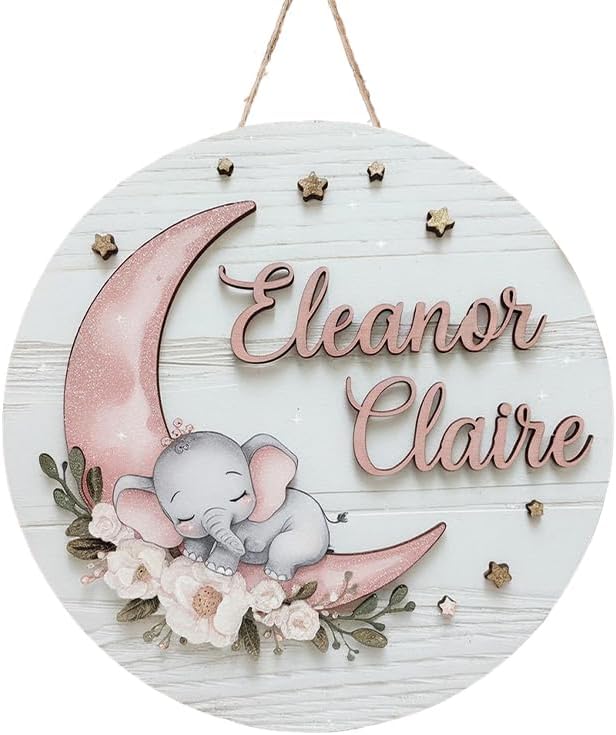 Personalized Wooden Name Sign with Stork and Clouds