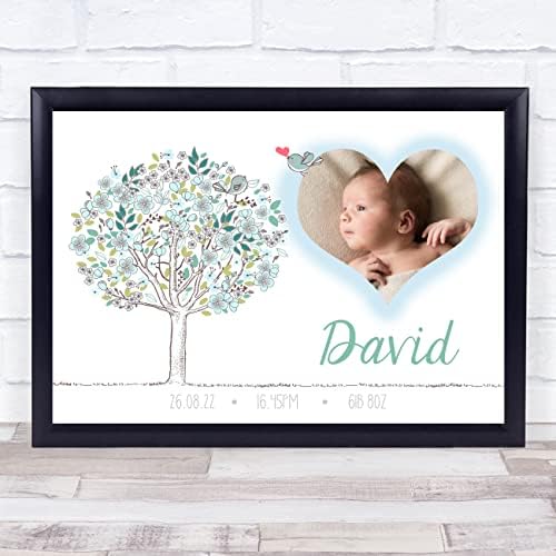 New Baby Birth Details Christening Blue Tree Photo Keepsake Gift Print