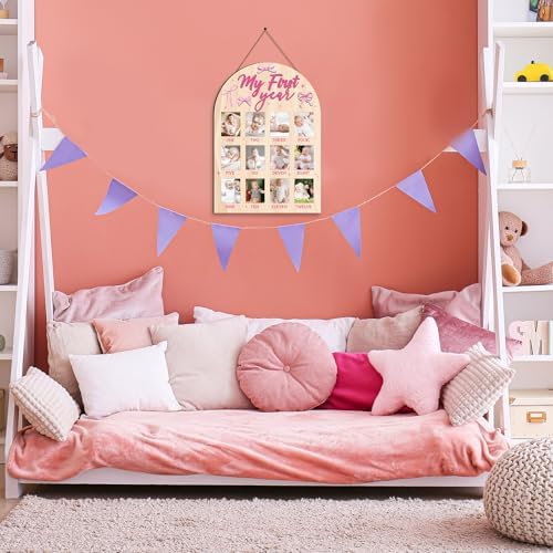 My First Year Photo Board - Pink Bow Wooden Frame 1