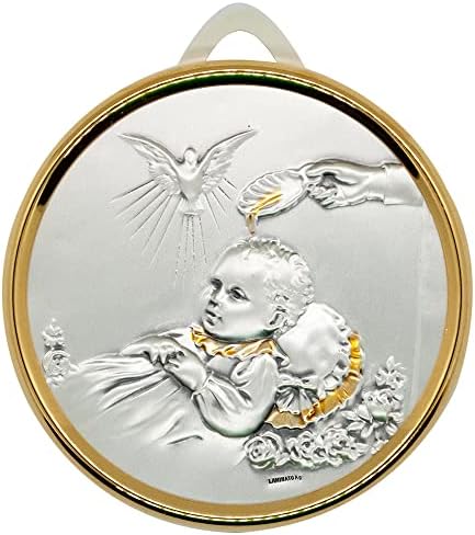 Baptism Crib Medal with Blue and Pink Ribbons
