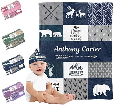 Sweewind Personalized Baby Blanket with Name and Beanie Hat