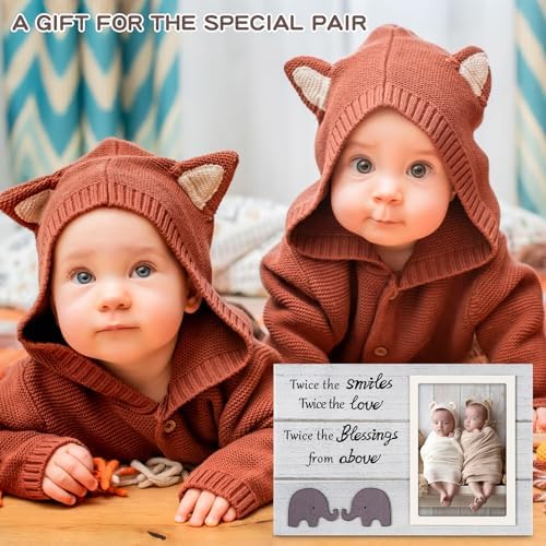 Twins Picture Frame with Elephant Design - 4x6 White