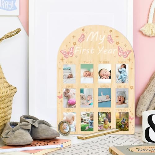 ORIGACH 12-Month Baby Growth Photo Display Board - Pink Butterfly Design