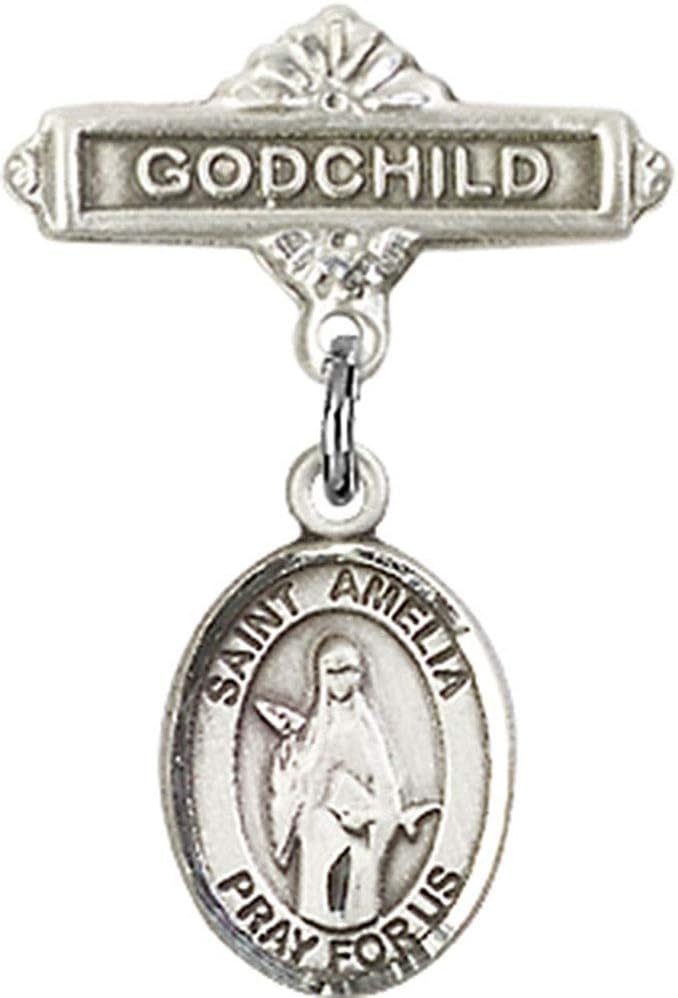 Sterling Silver Baby Badge with St Amelia Charm and Godchild Pin - Made in USA