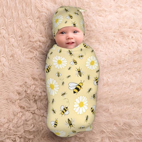 Lcokin Cute Bee Swaddle Blanket Set with Beanie Hat