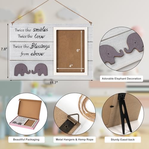 Twins Picture Frame with Elephant Design - 4x6 White