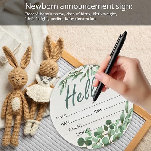 Hello World Olive Branch Newborn Sign - 6 Inch Round Birch Wood Baby Name Plaque