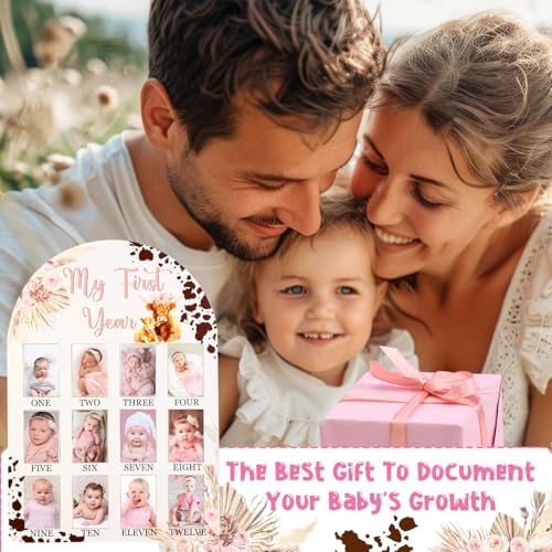 Cheerupp Highland Cow My First Year Photo Frame Pink 12 Months Baby Milestone Display Board