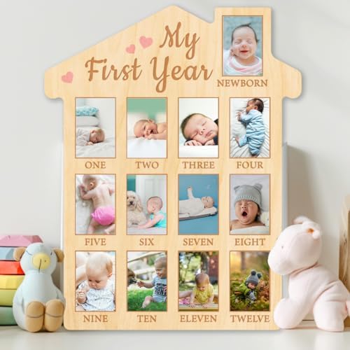 ORIGACH First Year Baby Growth Photo Board - 12 Months Wood Frame with Pink Heart