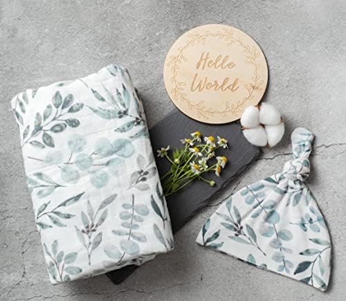 Miaoberry Organic Muslin Swaddle Blanket with Free Hat and Wooden Sign
