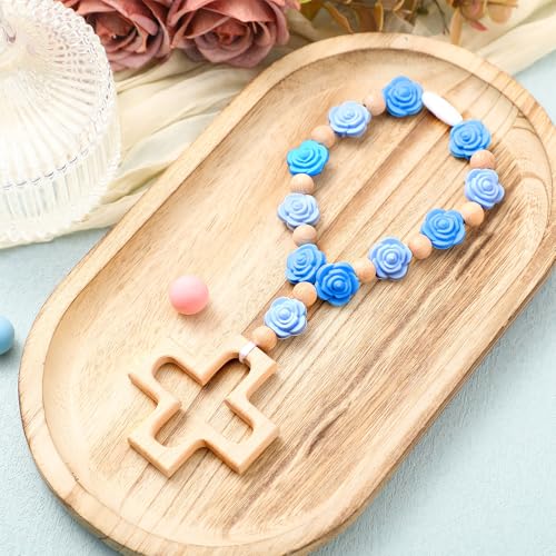 Landical Cross Baptism Silicone Rosary Baby Shower Gift Rose Blue