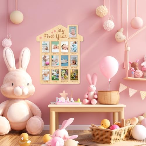 ORIGACH First Year Baby Growth Photo Board - 12 Months Wood Frame with Pink Heart