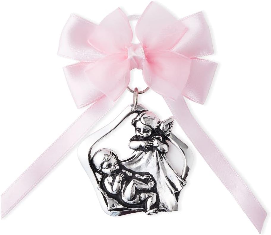Guardian Angel Crib Medal with Satin Ribbon Rose