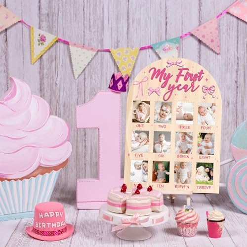 My First Year Photo Board - Pink Bow Wooden Frame 1