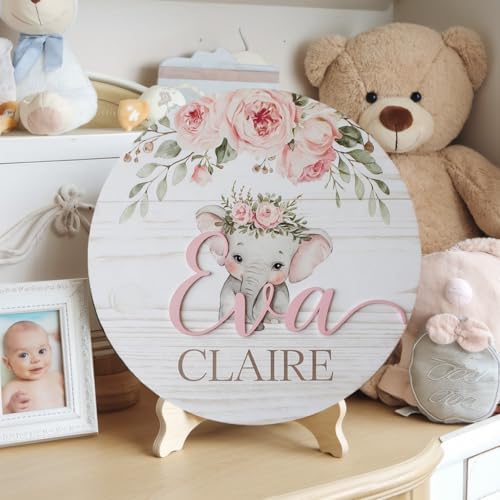 Personalized Wooden Name Sign with Floral Elephant Design