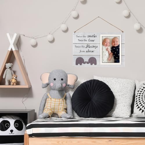 Twins Picture Frame with Elephant Design - 4x6 White
