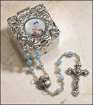 My First Baptism Gift Set for Baby Boy - Silver Rosary Box with Light Blue Pearl Rosary 1