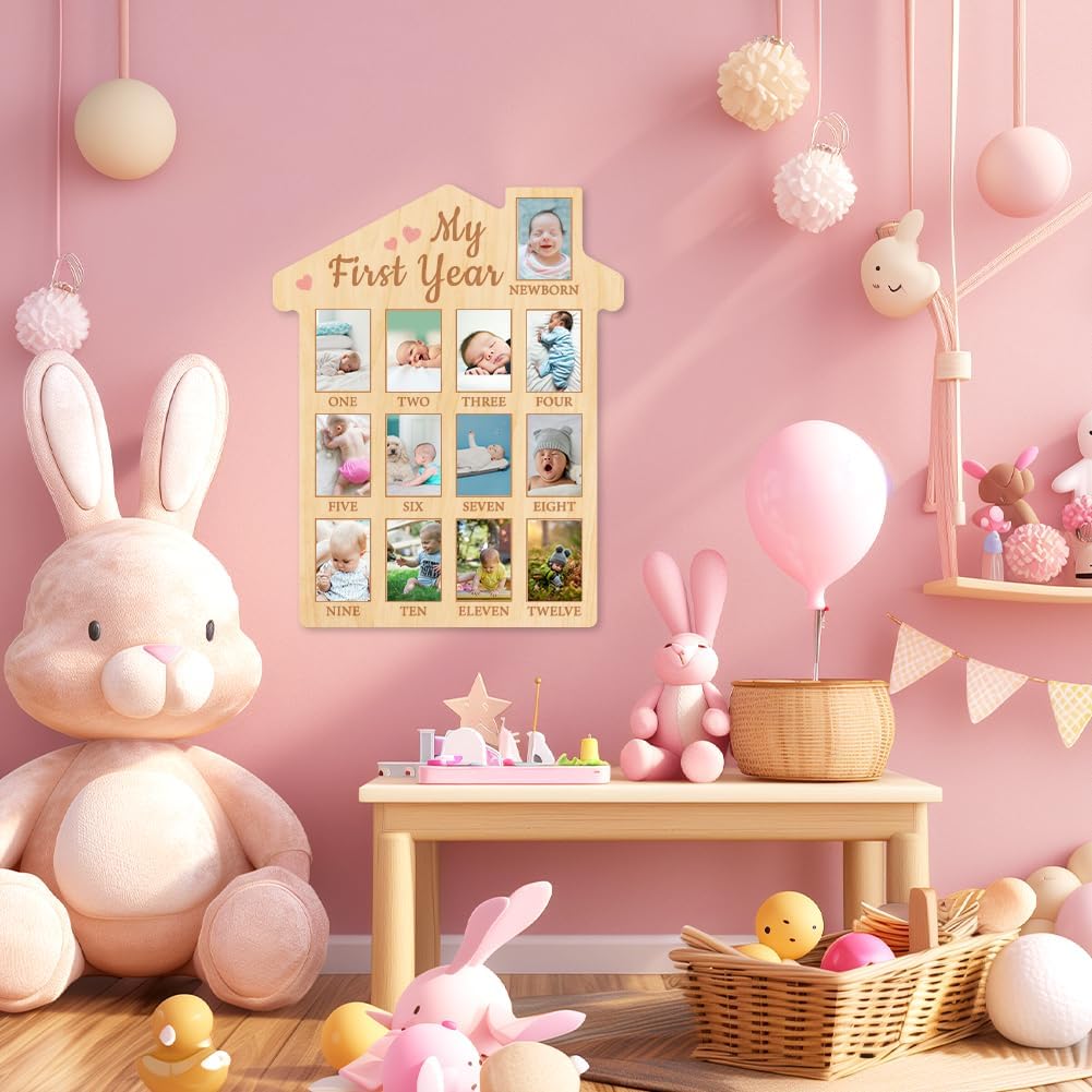 ORIGACH First Year Baby Growth Photo Board - 12 Months Wood Frame with Pink Heart