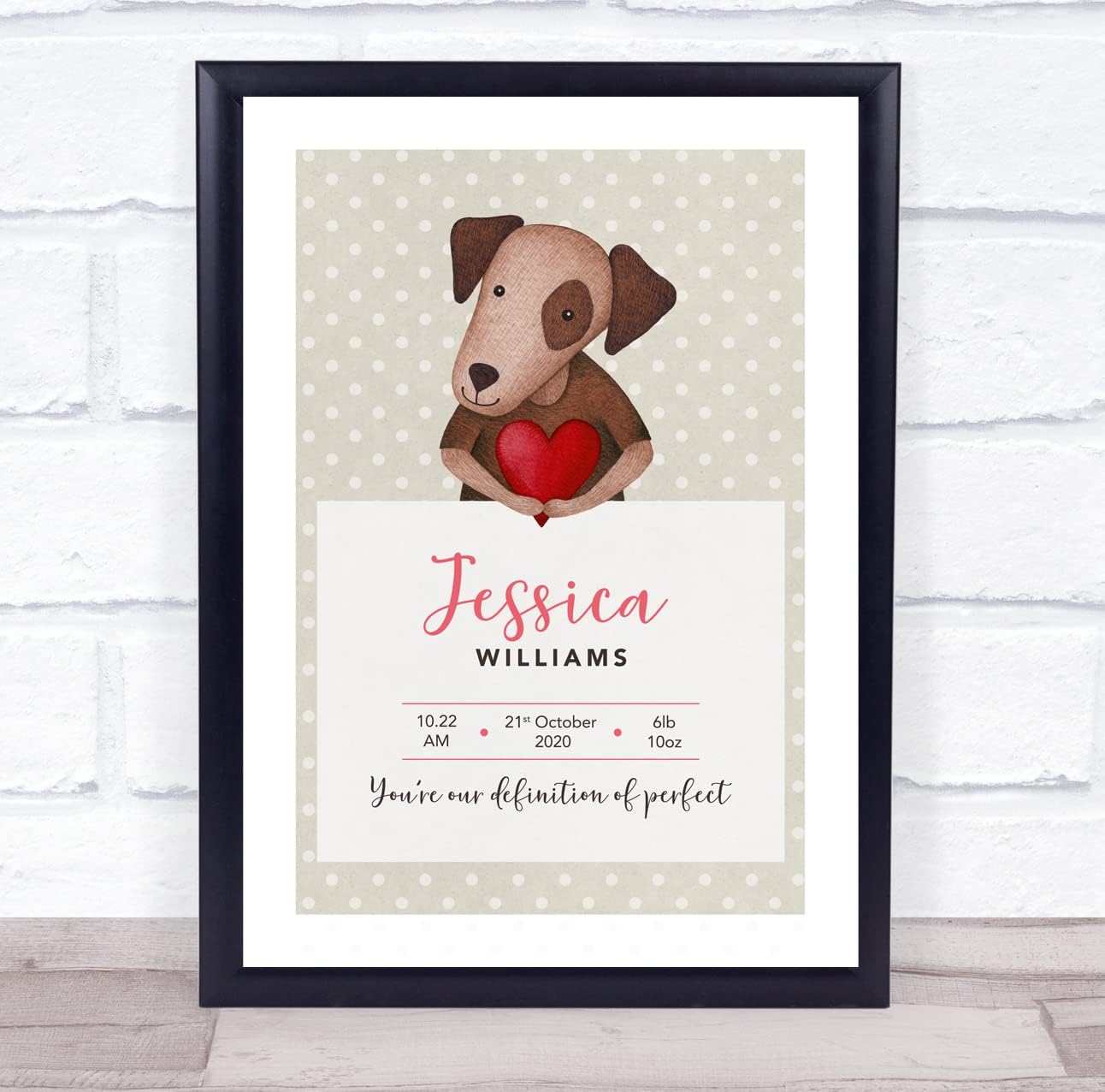 New Baby Birth Details Christening Dog Heart Keepsake Print