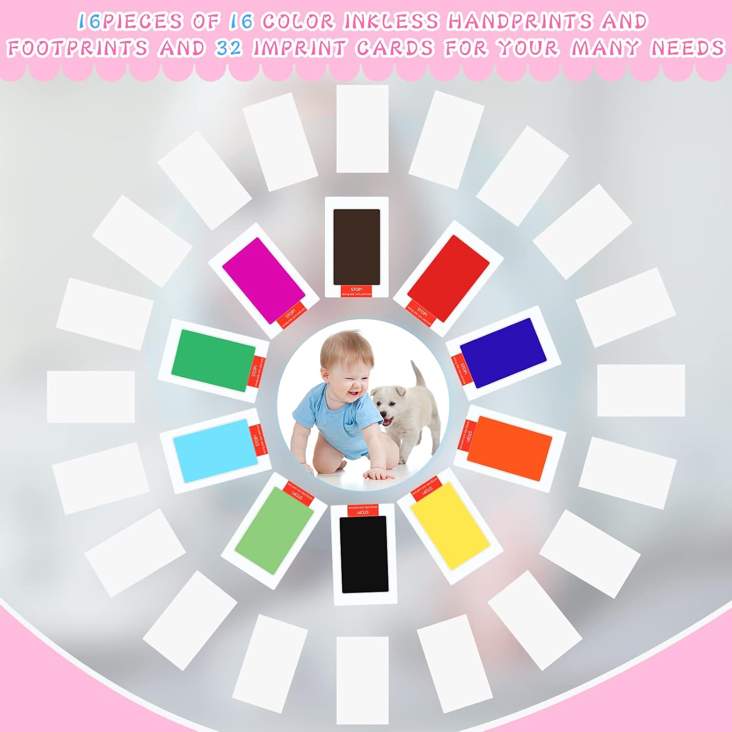 Teling 48 Pcs Inkless Baby Footprint Kit with 16 Color Ink Pads 32 Imprint Cards