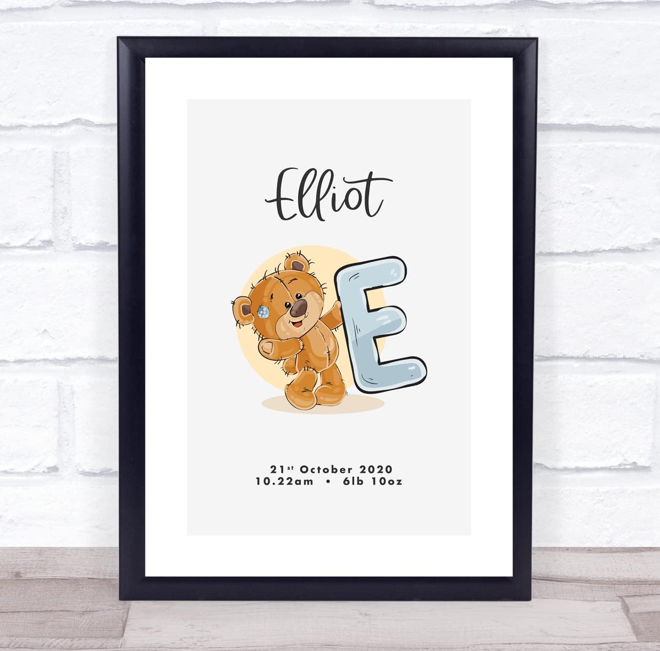 New Baby Birth Details Christening Nursery Bear Initial E Keepsake Print