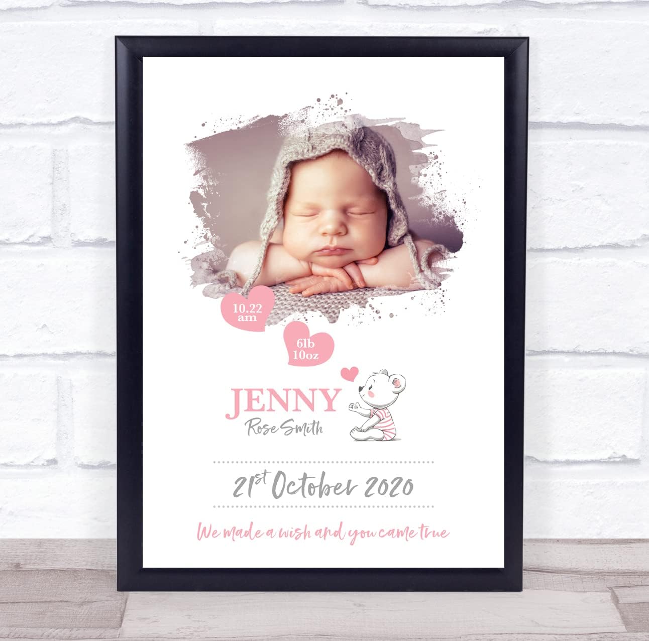 New Baby Birth Details Christening Pink Bear Keepsake Print 1