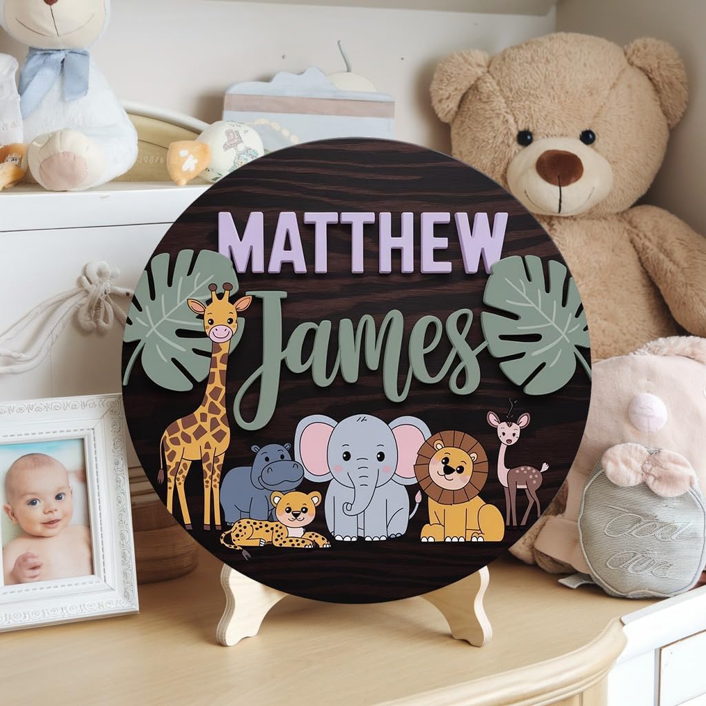 Personalized Baby Name Sign with 3D Safari Design