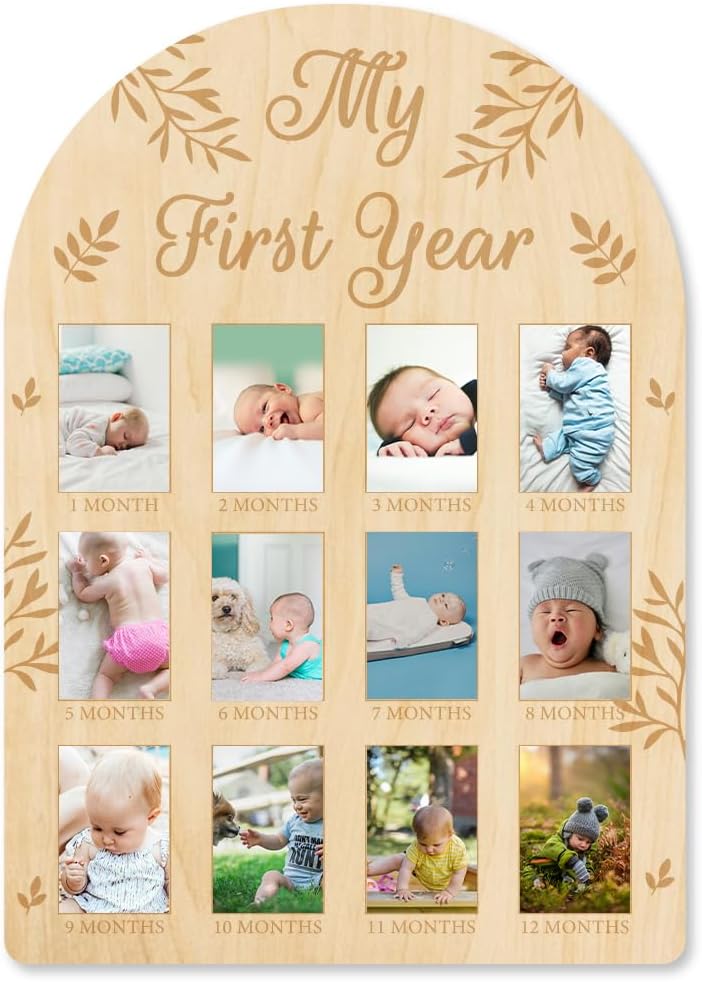 ORIGACH 12 Month Baby Growth Photo Frame - Wooden Board with Leaves Pattern