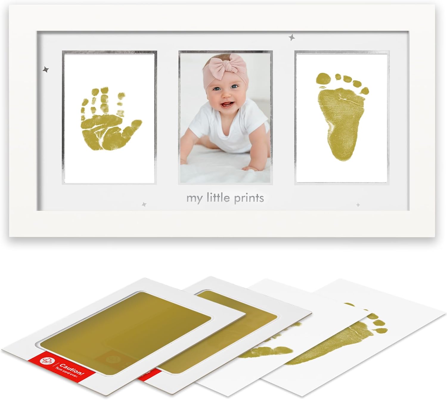 HAMUIERS Baby Hand Footprint Frame with Inkless Pads White Gold